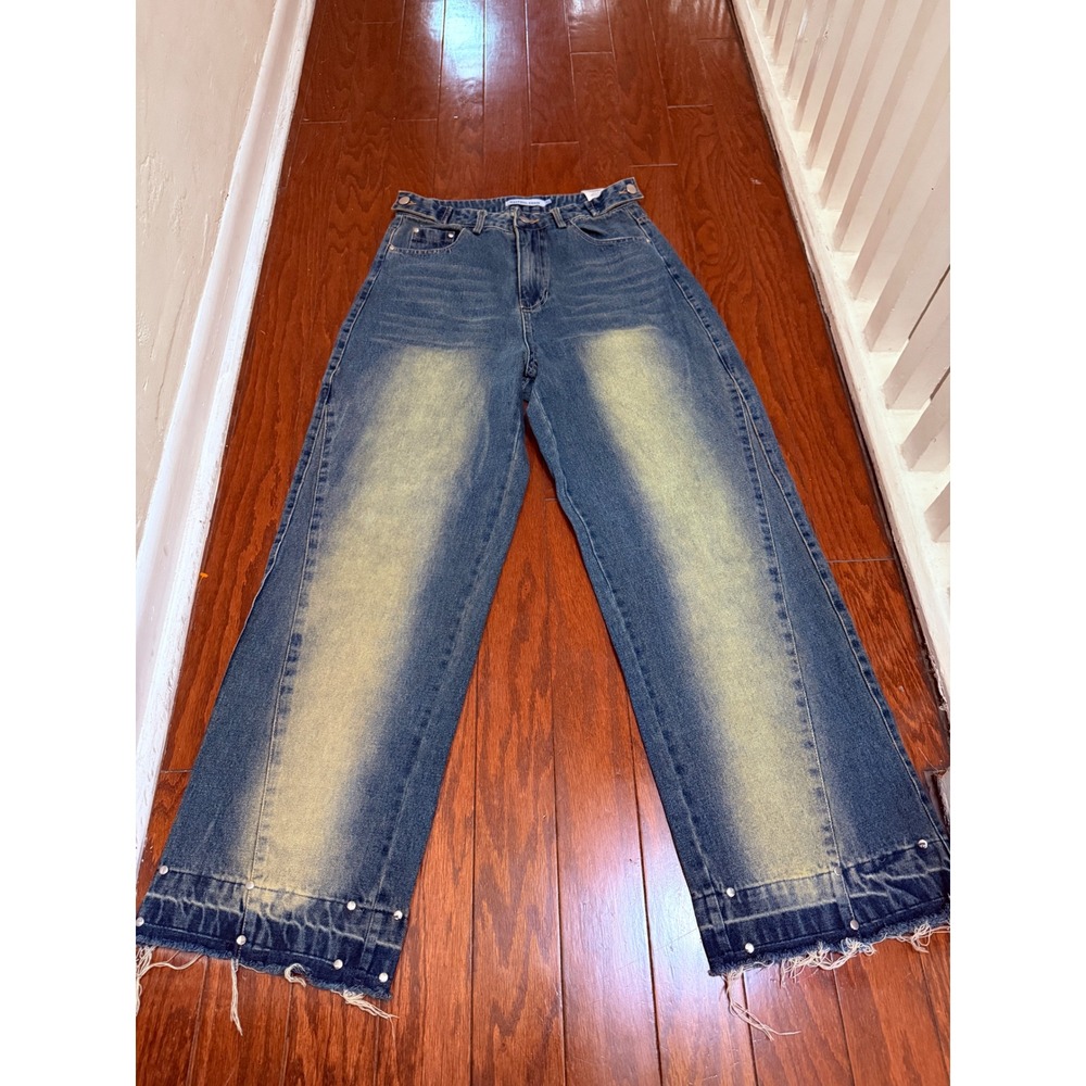 AElfric Eden Womens Wide Leg Sand Washed Studded Raw Hem Jeans Size 27